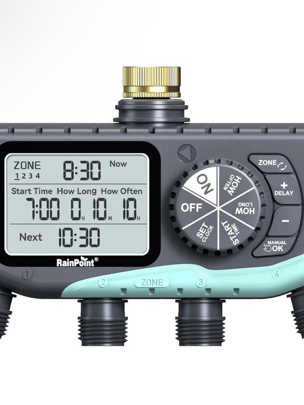 RainPoint Digital 4-Zone Hose Timer in Gray with Aqua Accents